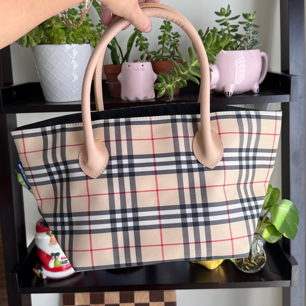 Plaid Tote Bag with Beige Handles